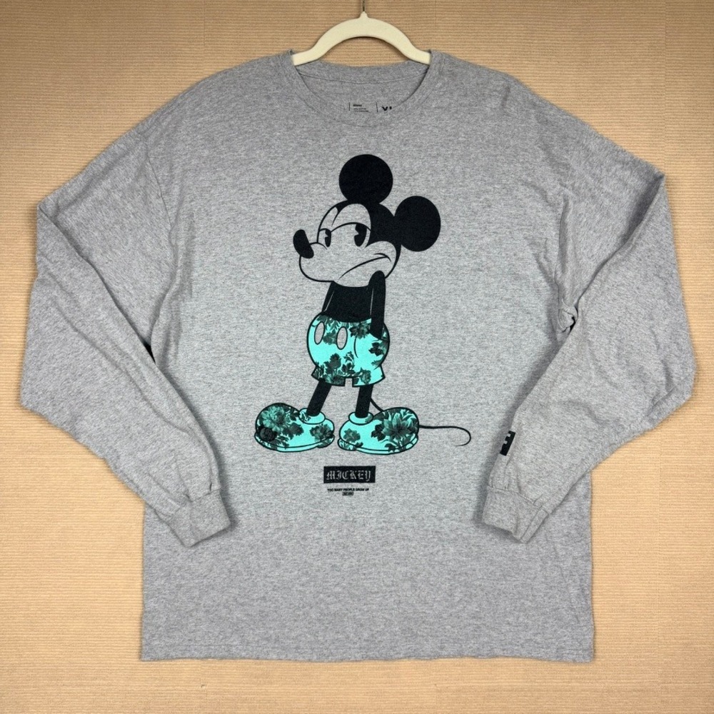 Disney Neff Mickey Mouse Long Sleeve Graphic T-Shirt Gray Mens XL Floral Skater